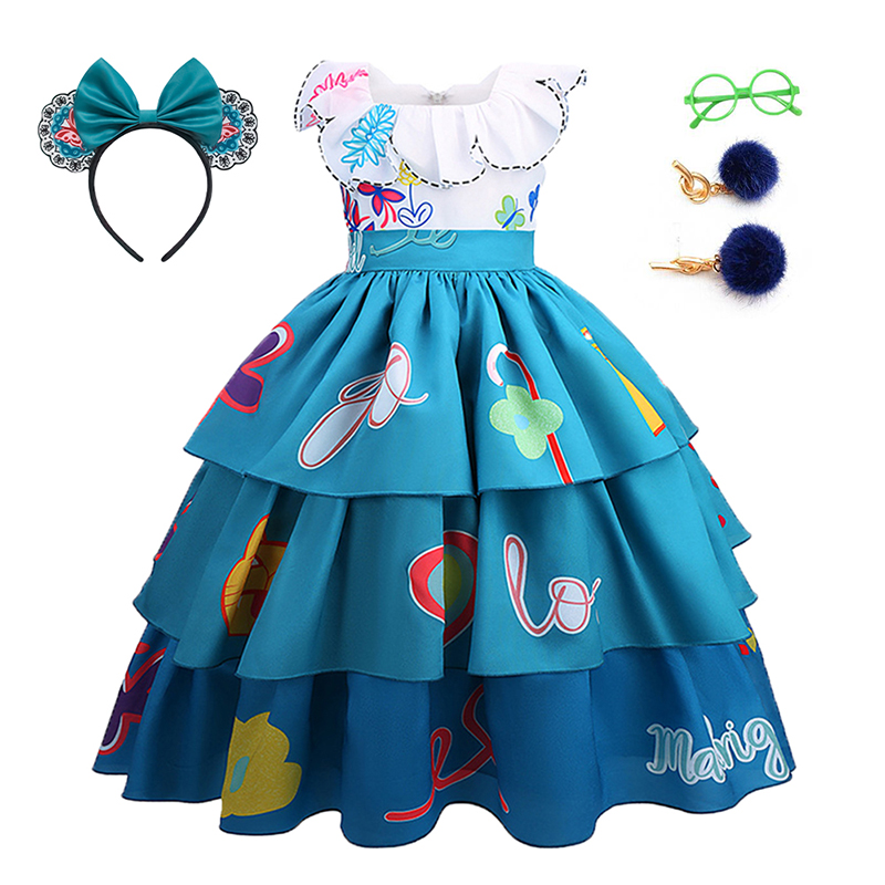 2022 Children Fancy Mirabel Cosplay Costumes Tiered Long Princess Dresses For Girls Kids Party Dress Printed Vestidos 3-9 Years alx