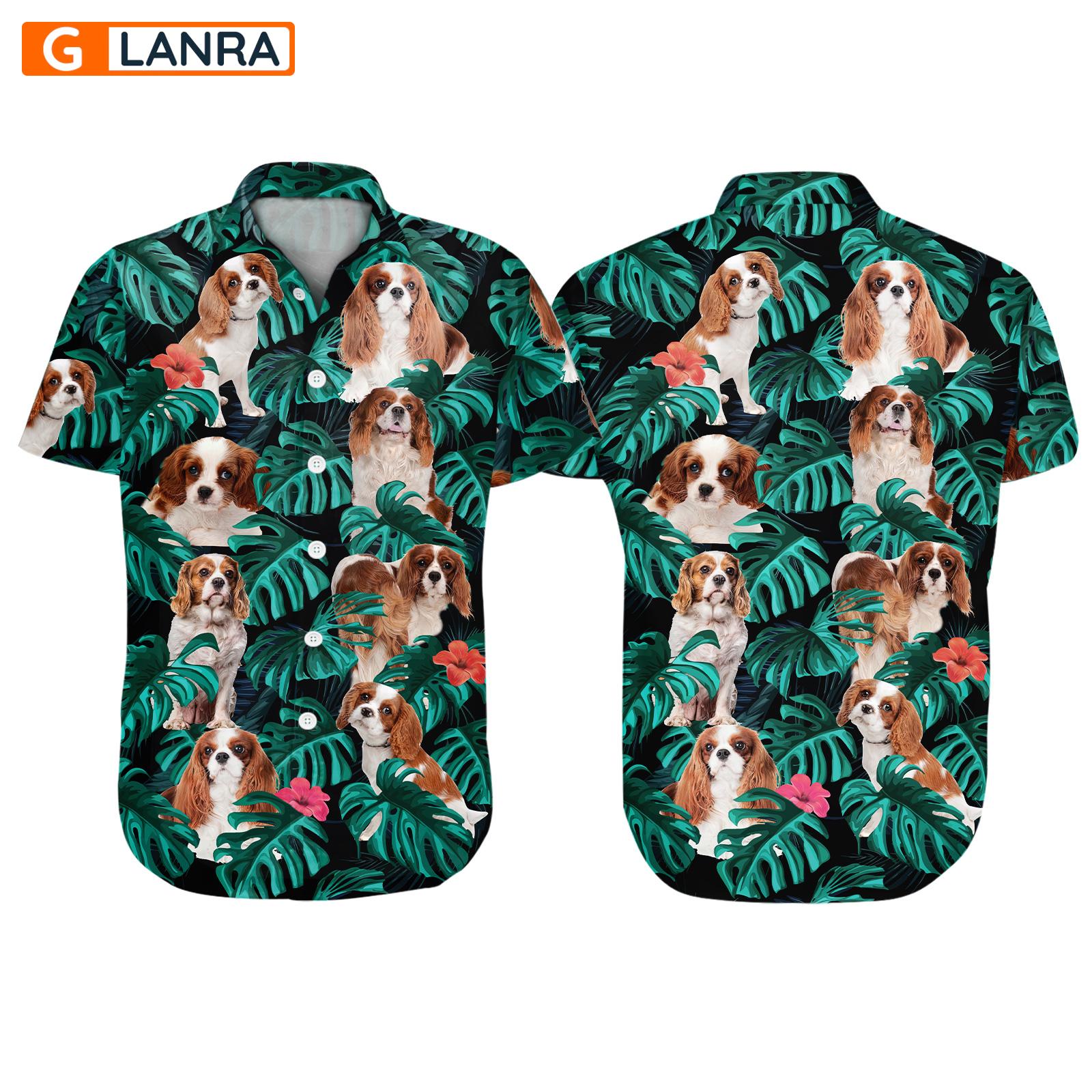 Cavalier King Palm Leaves Button Shirt, Cavalier King Dog Button Shirt, Summer Dog Hawaiian Shirt, Dog Leaf Hawaiian Shirt, Summer Tropical Shirt