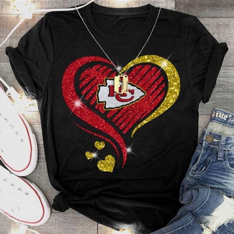 Beautiful Imagine Art Print Heart With Sticker Logo Of The Team Rugby Kansas City Chiefs Pretty Gift For Kansas City Chiefs Team Lovers Black Men And Women T Shirt S-5Xl