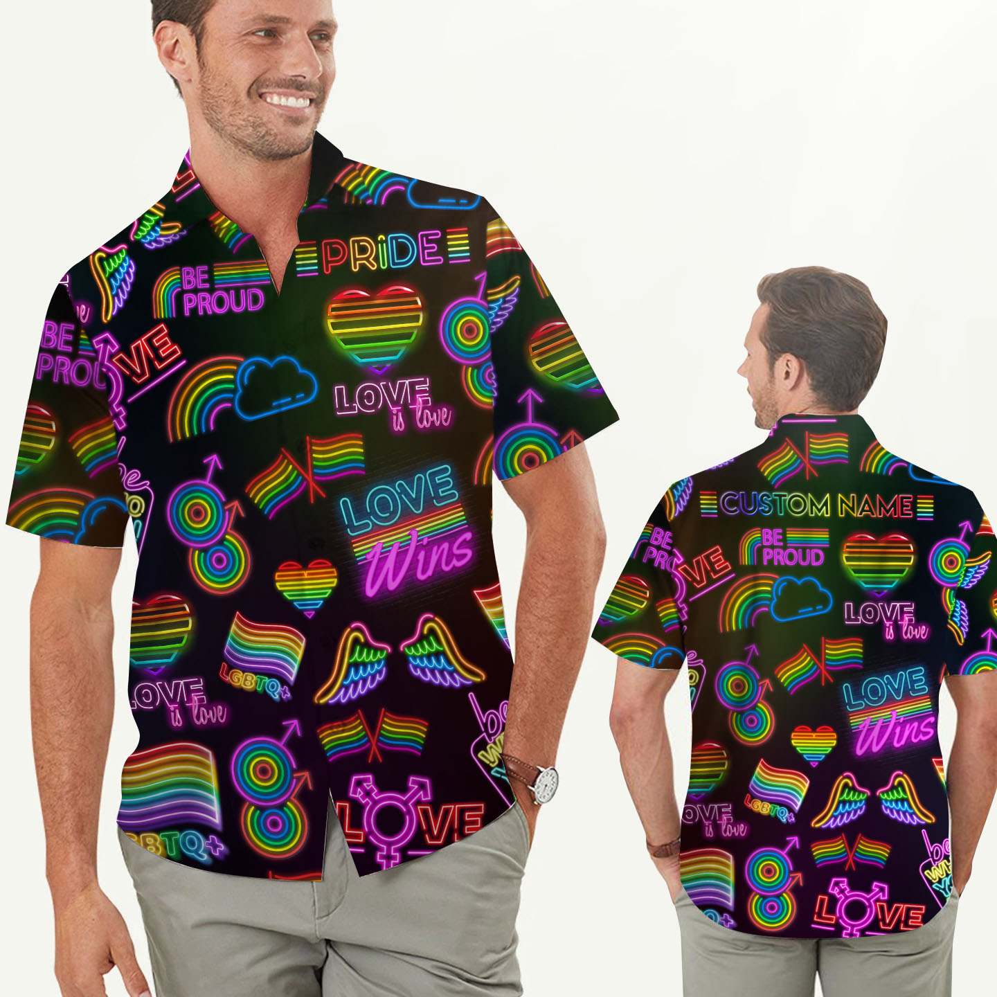 Lgbt Neon Rainbow Color Pride Month Custom Name Men Hawaii Shirt Ha59995