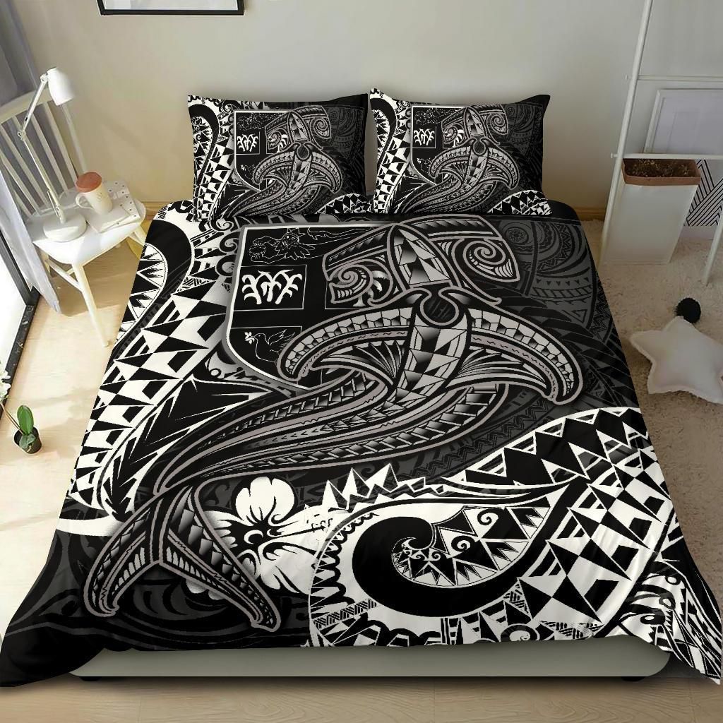 Alohawaii Bedding Set – Cover And Pillow Cases Fiji  – White Shark Polynesian Tattoo – Bn18