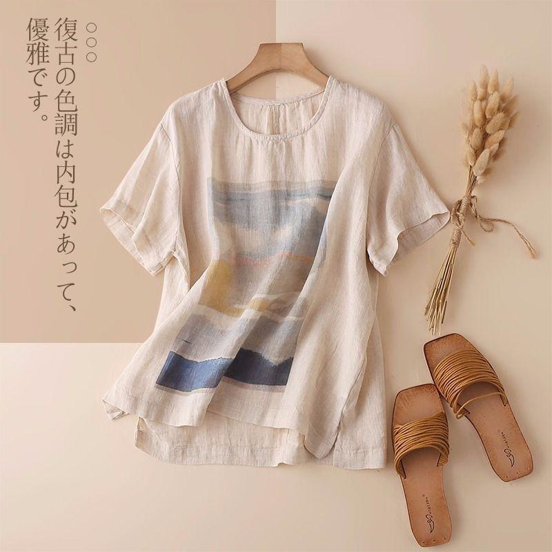 2022 New Summer Arts Style Women Short Sleeve Loose T-shirt Vintage Print cotton linen Tee Shirt Femme Casual Tops M141 alx