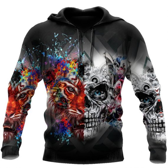 Unisex Hoodie All Over Print Skull Gifts Tiger And Skull Art Us Unisex Size Hoodie