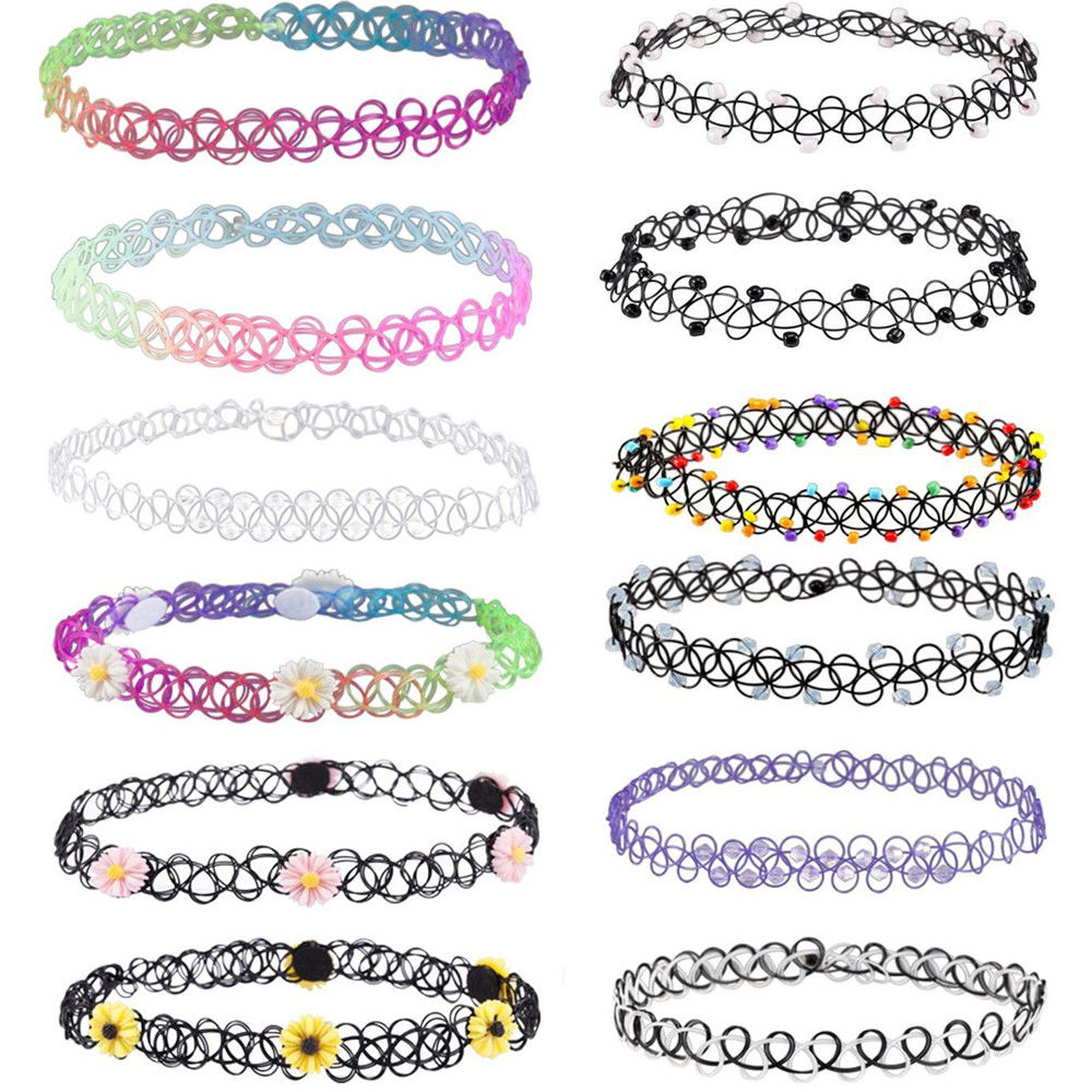 12Pcs/Set Fashion Stretch Tattoo Rainbow Necklace Punk Gothic Elastic Choker Retro Punk Tattoo Necklace alx