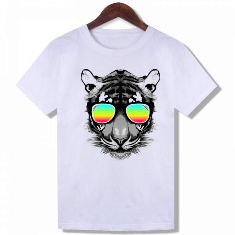 Hip Hop Cool Tiger Print T-Shirt Harajuku Tumblr T Shirt Punk Style Basic Tee White