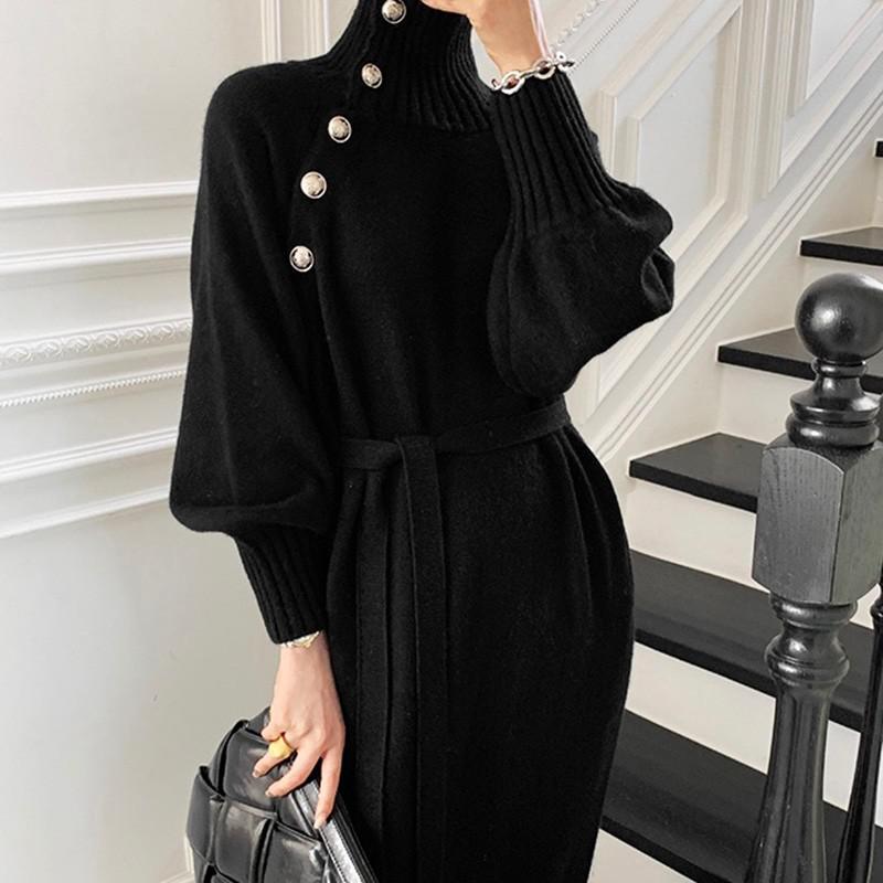 Elegant Sweater Dress Female Fashion Casual Loose Turtleneck Solid Pullover Sash Tie Up Robe Femme Autumn Winter Party Dress alx