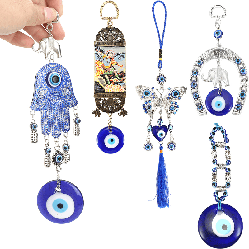 Turkish Blue Evil Eye Horseshoe With Elephant And Ribbon Wall Hanging Decorations