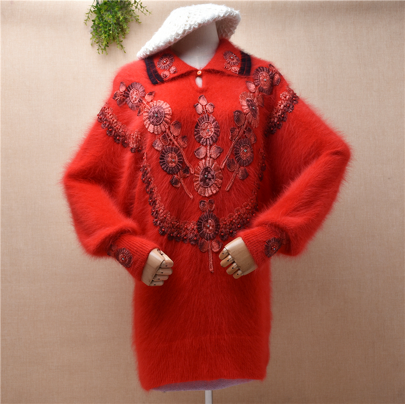 Ladies Women Vintage Embroidery Flower beading Hairy Angora Rabbit Hair Knitted Long Batwing Sleeves Loose Pullover Sweater Pull alx