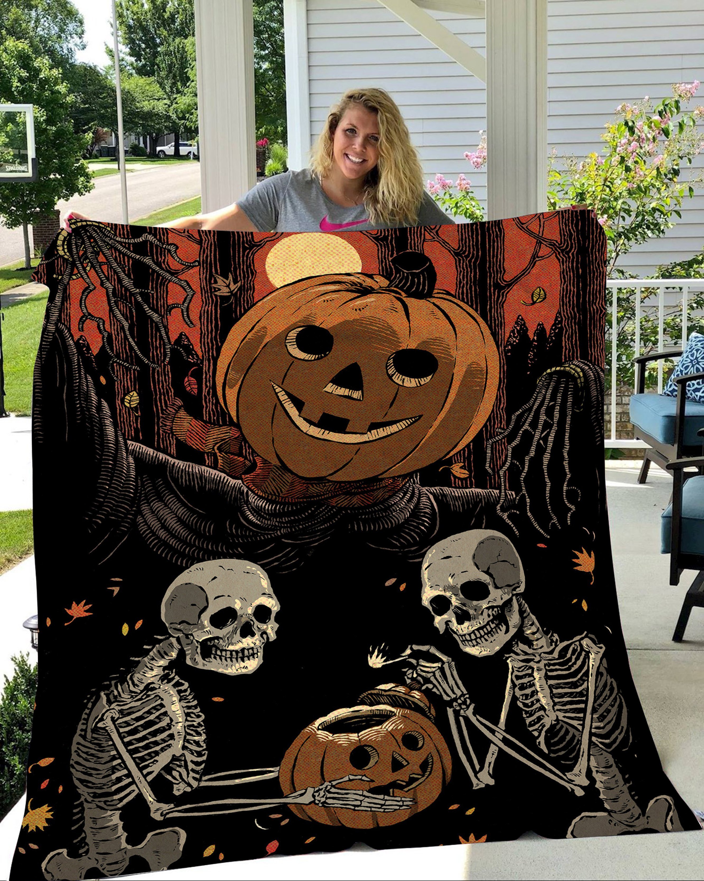 Skeleton Pumpkins Fleece Blanket – Quilt Blanket – Halloween Gift