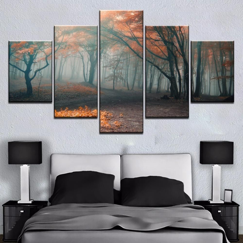 Summer Fallen Leaves Tree Forest Nature 5 Panel Canvas Art Wall Decor