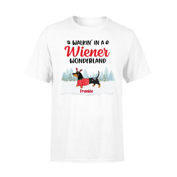 Personalized Shirt, Walkin’ In A Wiener Wonderland, Christmas Gifts For Dachshund And Dog Lovers