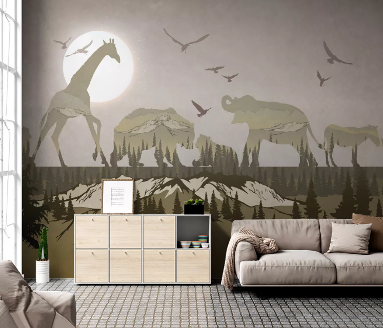 3D Forest Animal Giraffe Elephant Bear Horse Wall Mural Wallpaper 2555