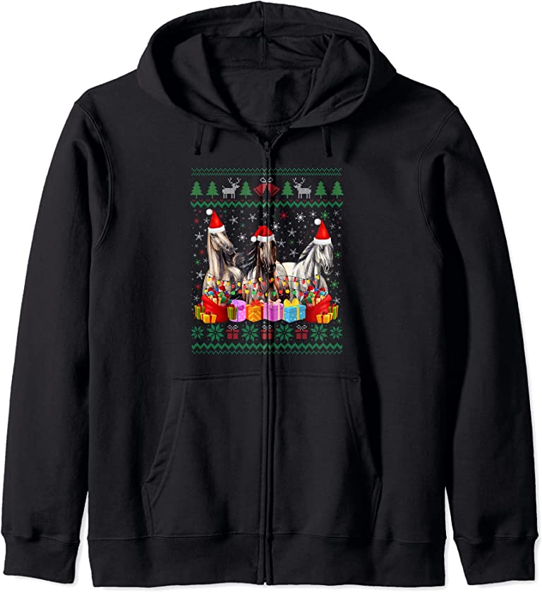 Ugly Sweater Santa Hat Christmas Horse Lover Animal Hat Zip Hoodie