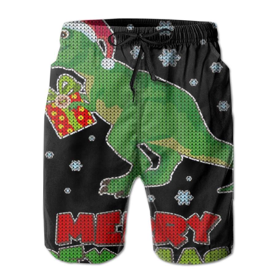 2 Pack Merry Rex Mas Ugly Christmas Poster Men Swim Trunks Drawstring Elastic Waist Quick Dry Beach Shorts with Mesh Lining Swimwear Bathing Suits