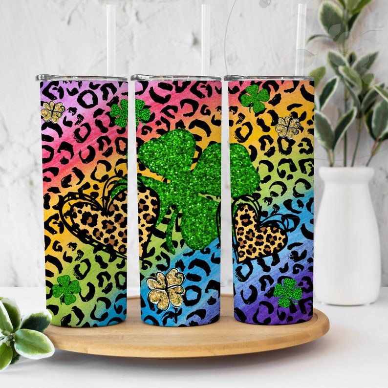 St.Patrick’S Day Tumbler, Rainbow Luck Shamrock Leopard Skinny Straight Tumbler