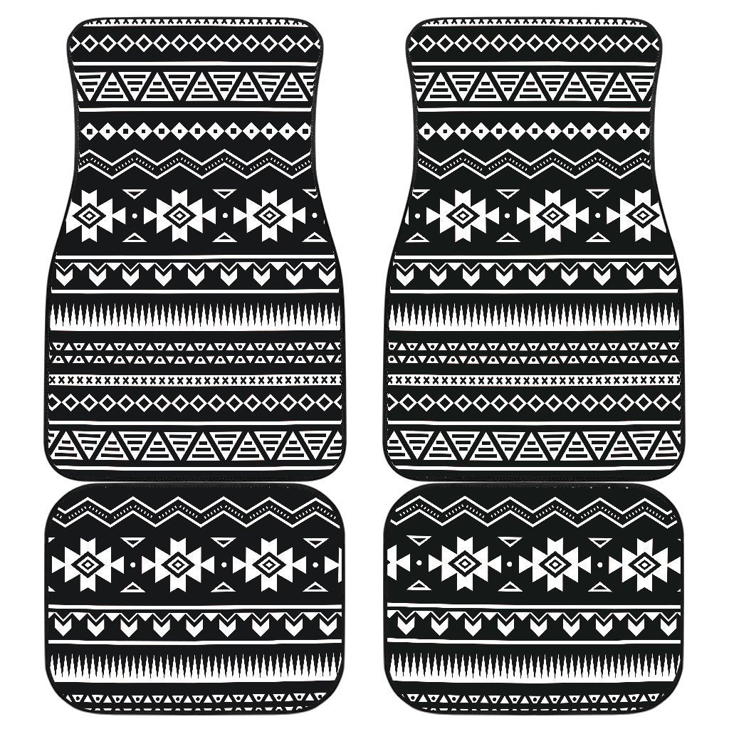 Black And White Aztec Pattern Print Front And Back Car Floor Mats, Front Car Mat