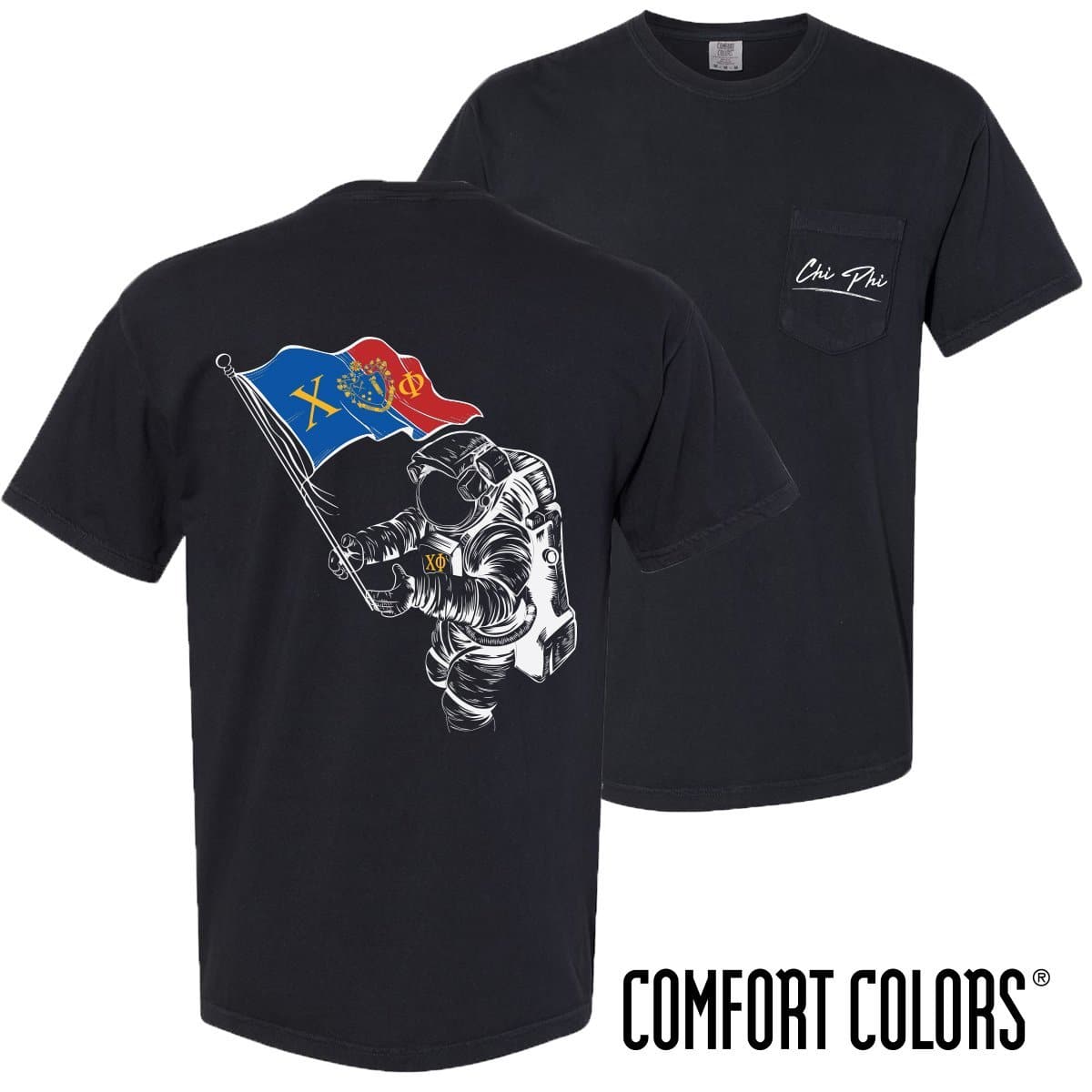 Chi Phi Comfort Colors Black Astronaut Pocket Tee
