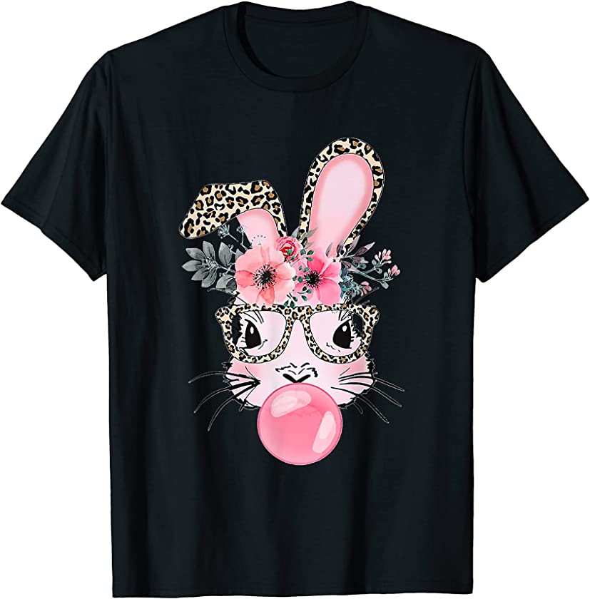 Cute Bunny With Leopard Glasses Bubblegum Easter Day T Shirt T-Shirt