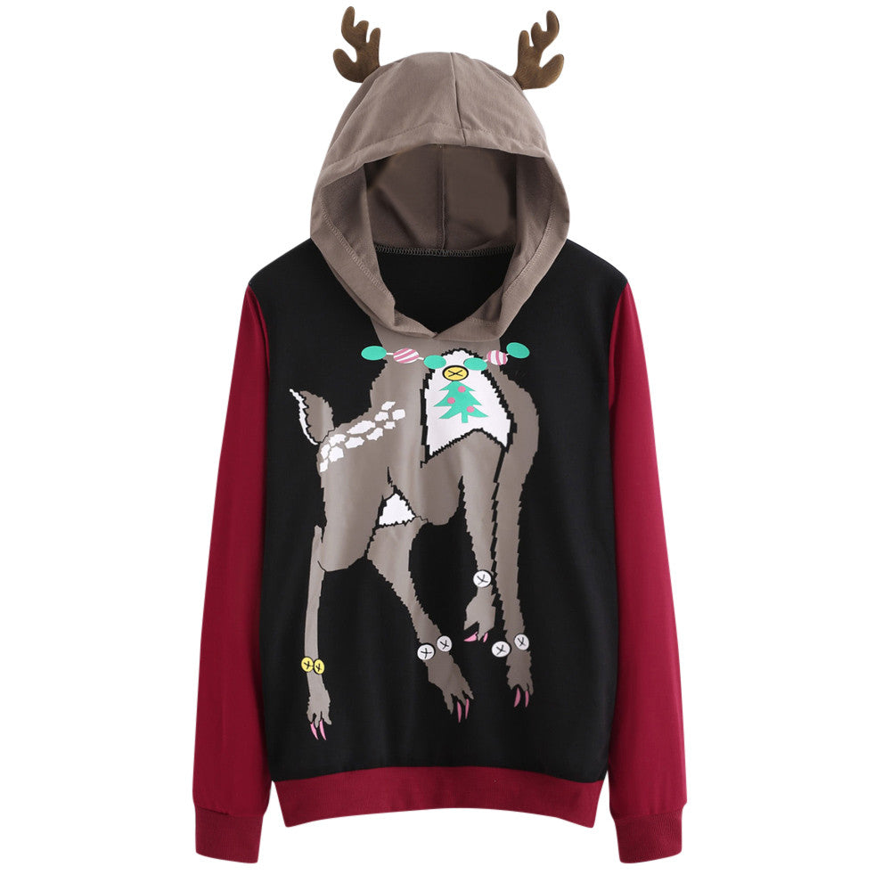 Cute Elk Deer Hoodies Women Long Sleeve Casual  Sweatshirt Lady Autumn  Hooded Color Block