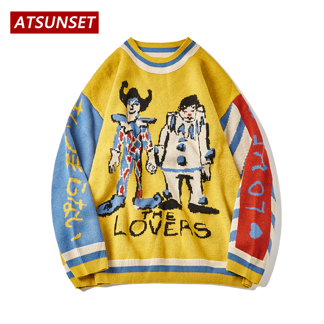 ATSUNSET Cartoon Clown Embroidery Sweater Harajuku Retro Style Knitted Sweater Autumn And Winter Cotton Pullover Top alx