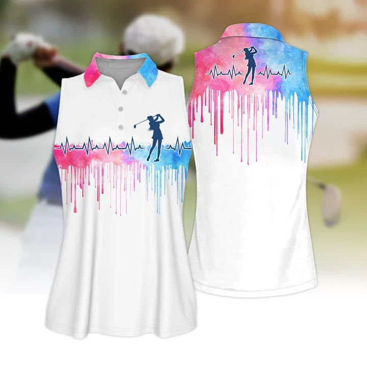 Coolspod 3D All Over Print Golf Polo Shirt, Golf Heart Beat Watercolor Sleeveless Polo Shirt