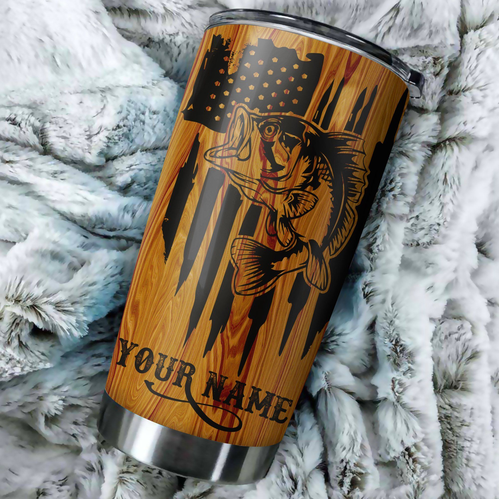 Personalized Fishing Gift Bass Fishing American Flag Tumbler Stainless Steel Vacuum Insulated Double Wall Travel Tumbler With Lid, Tumbler Cups For Coffee/Tea, Perfect Gifts For Birthday Christmas