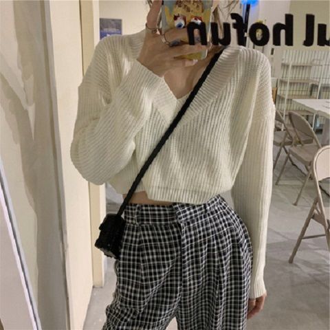 Autumn Clothes Knitted Woman Sweaters Pullovers V-neck Solid Kawaii Girls Fashion Jumpers Loose Button Crop Top Streetwear Chic alx