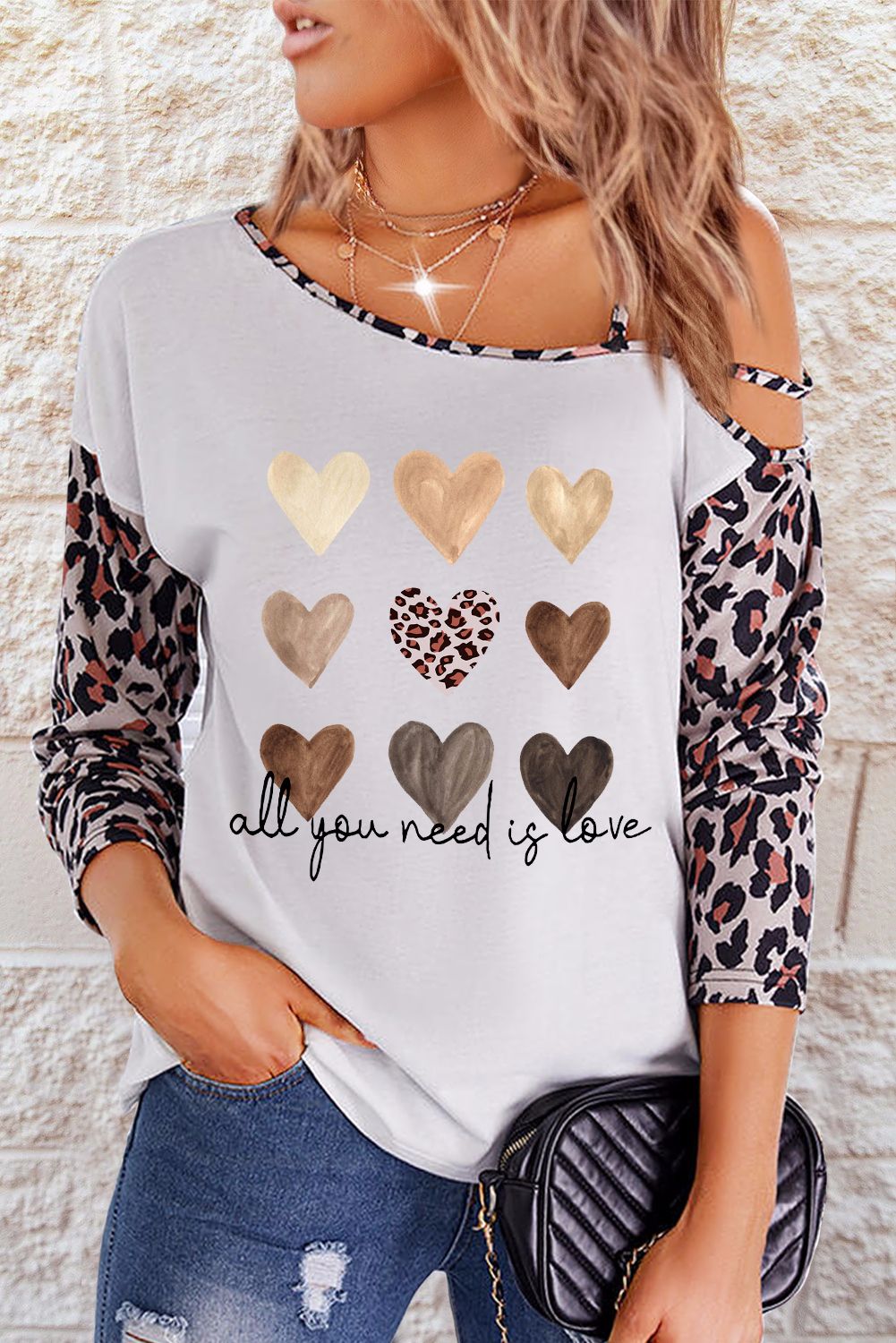 White Leopard Drop Sleeve Casual Long Sleeve T-Shirt