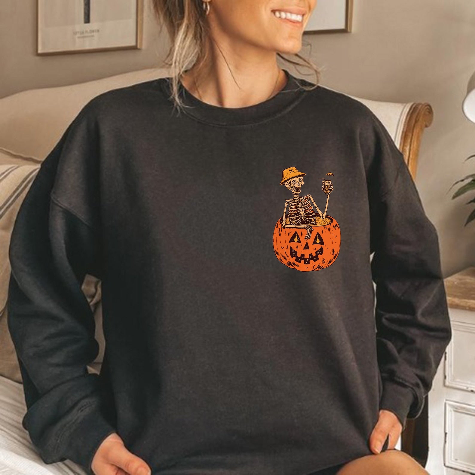 Pumpkin Sweatshirt, Halloween Sweatshirt, Skeleton Sweatshirt, 2D Crewneck Sweatshirt All Over Print Sweatshirt For Women Sweatshirt For Men