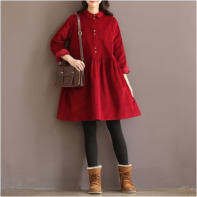 Vintage Corduroy Women Dress Fall Winter Long Sleeve Peter Pan Collar Mori Girl Yellow Red Autumn Winter Shirt Dresses Vestidos alx