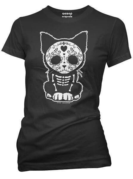 Women’S Day Of The Dead Sugar Skull Kitten Cat Tee By Aesop Originals