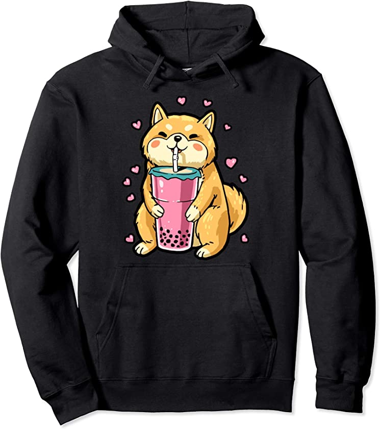 Shiba Inu Dog Drinking Bubble Tea Shiba Puppy Men Women Kids Pullover Hoodie