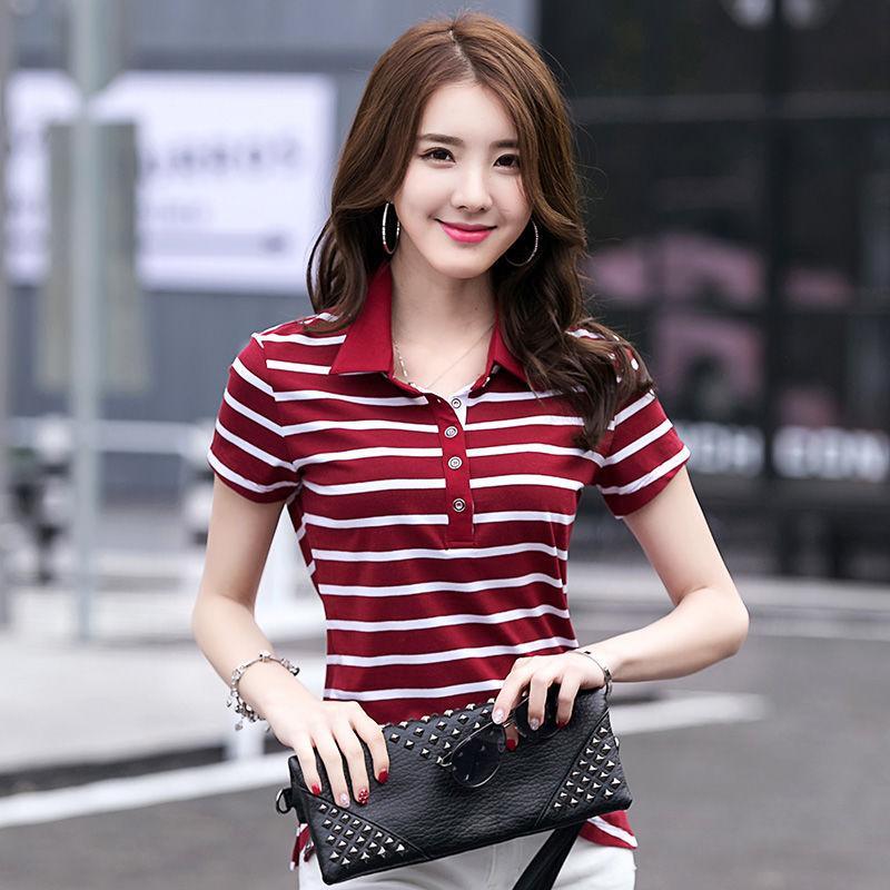 2021 Summer Womens Polo Shirts Cotton Short Sleeve T’Shirt Female Breathable Striped Tops tees Fashion Black lady tops M-4XL alx