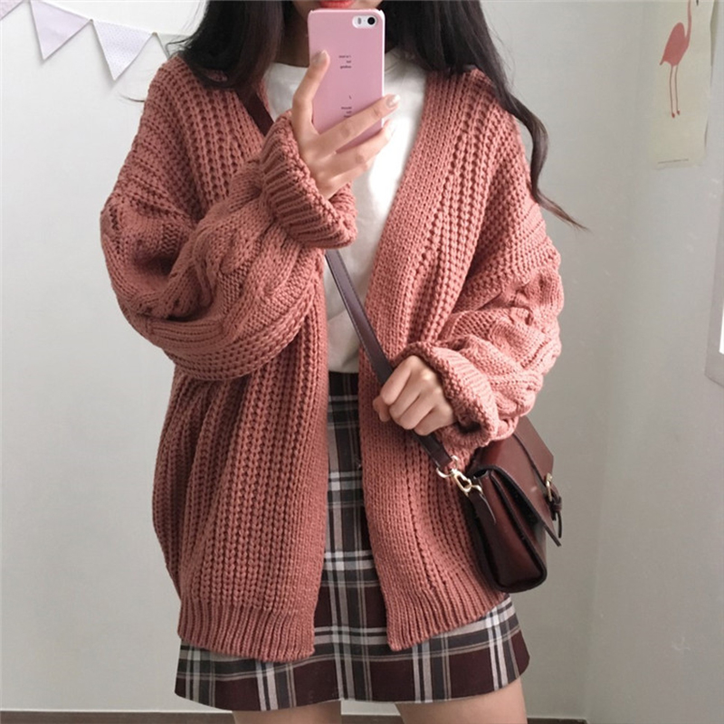 Women’s Vintage Brown V Neck Knitting Sweater Cardigan Long Sleeves Casual Korean Fashion Baggy Ladies Outerwear Tops Autumn alx