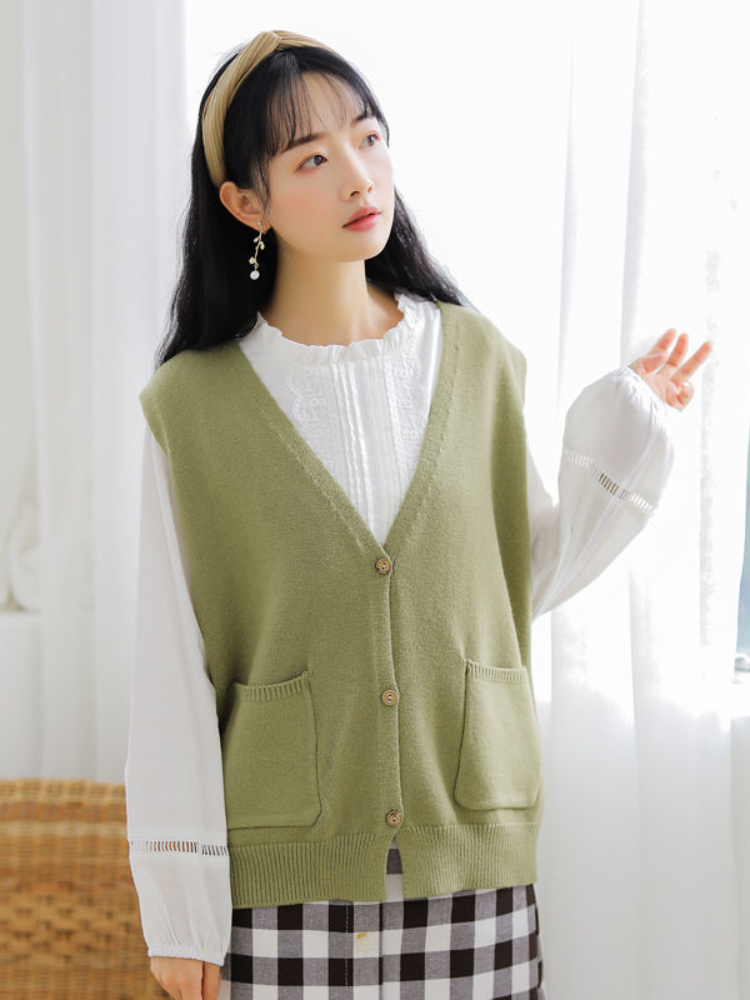 Sweater Vest Women Solid V-neck Pockets Crop Simple Retro Korean Style Loose Candy Color Elegant College Youth Casual Ins Chic alx