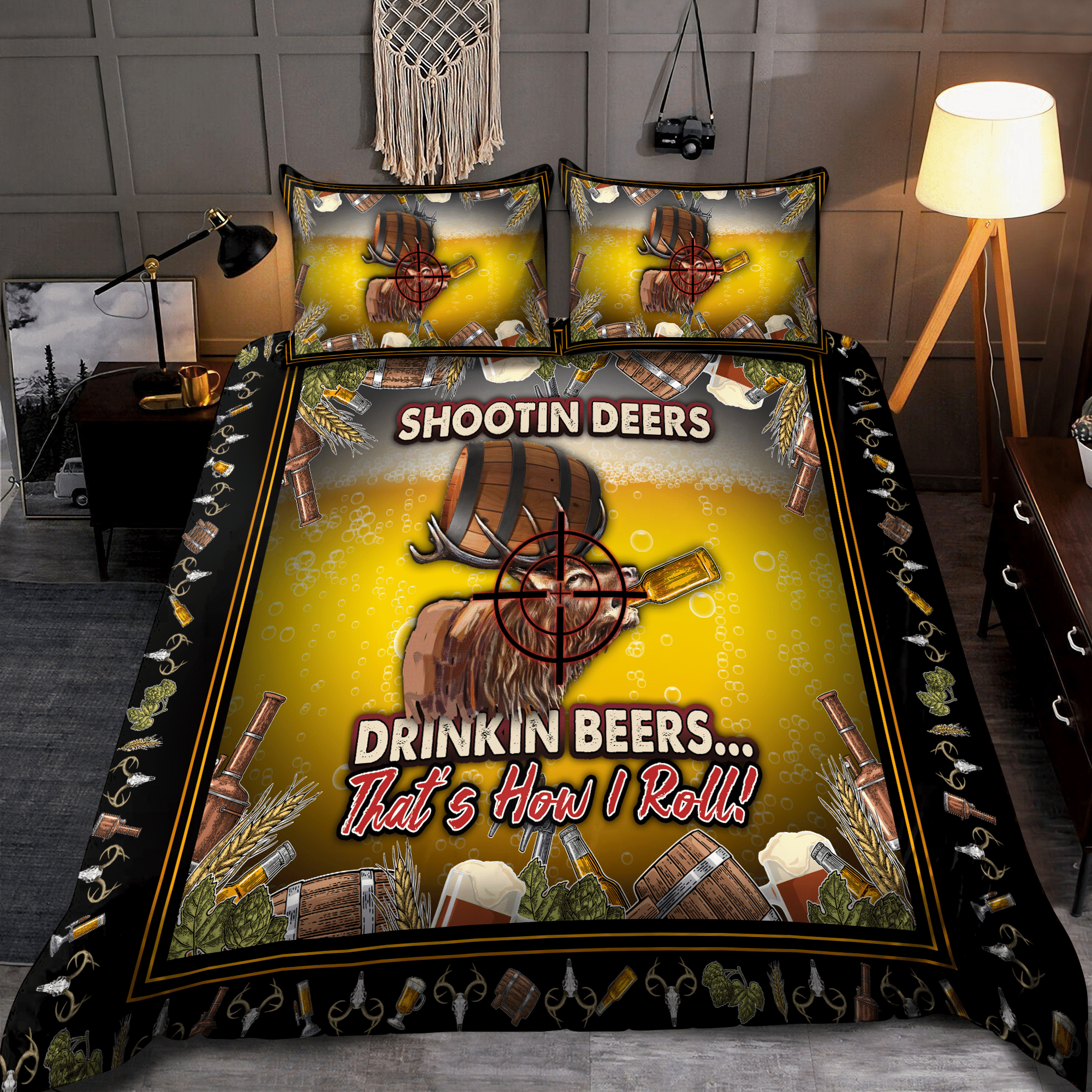 Shooting Deer And Drinking Deer Yellow All Over Print Bedding Set