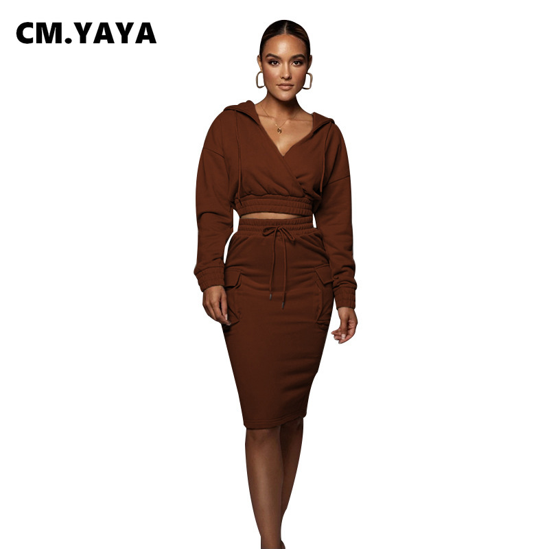 CM.YAYA Women Set Solid Crop Hoodies Tops + Midi Skirts Two 2 Piece Sets Soft Fashion Outfits Casual Sweatsuit Fitness Autumn alx