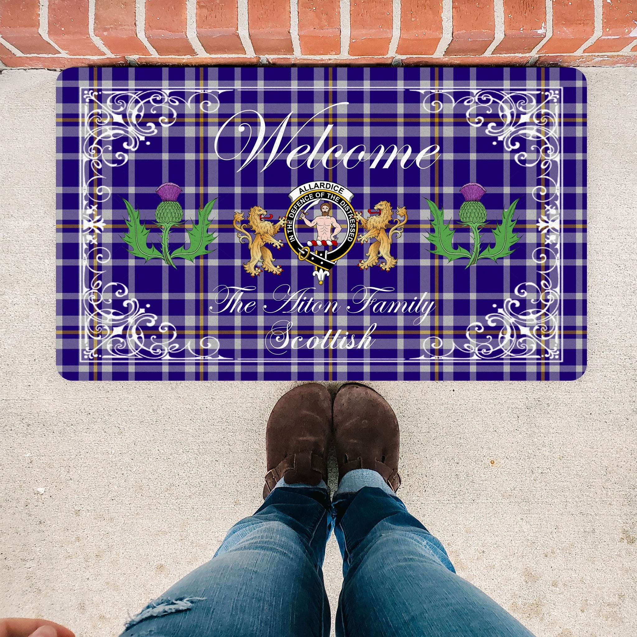 Scotstee Shop Tartan Door Mats Clan Allardice Badge Tartan Thistle And Two Lion Scottish Plaid Doormat, Christmas Door Mat Gift