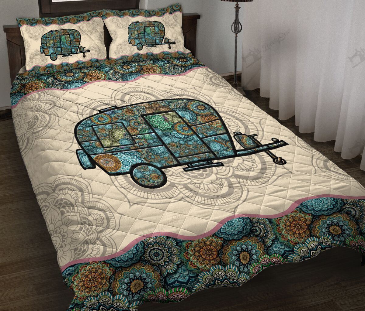 Camping RV Caravan Green Mandala Pattern Quilt Bed Set & Quilt Blanket DVE20091501-DVQ20091501