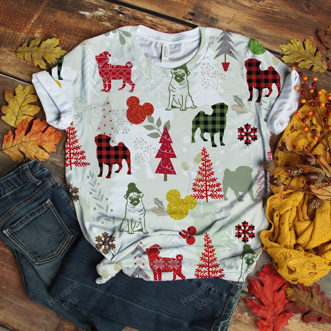 Pug T-shirt Christmas Flannel V3
