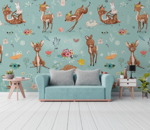 3D Cartoon Animal Sika Deer Floral Wall Mural Wallpaper Lqh 619