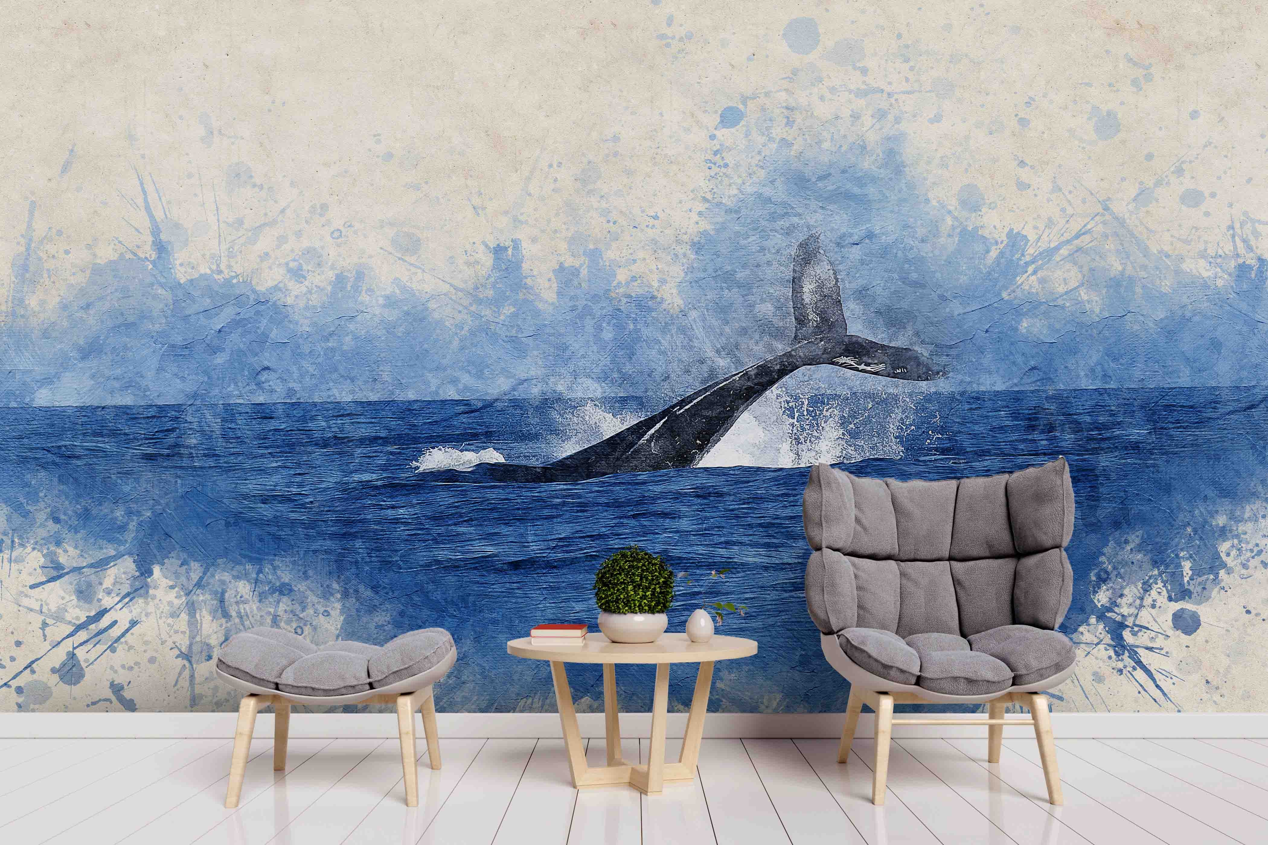 3D Blue Watercolor Whale Tail Wall Mural Wallpaper Sf104