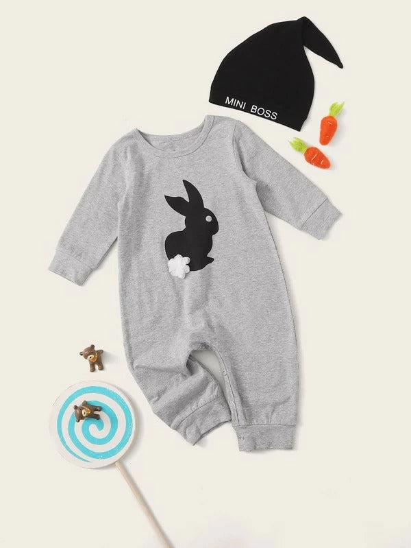 Baby Boy Cartoon Rabbit 3D Flower Jumpsuit & Hat