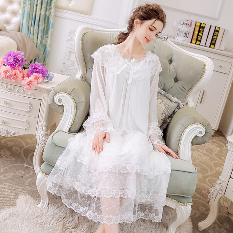 Women White Lace Sleepwear Bride Nightgowns Female Sweet Princess Sleeping Home Dress Lady Sexy Palace Nightdress Sleepwear alx