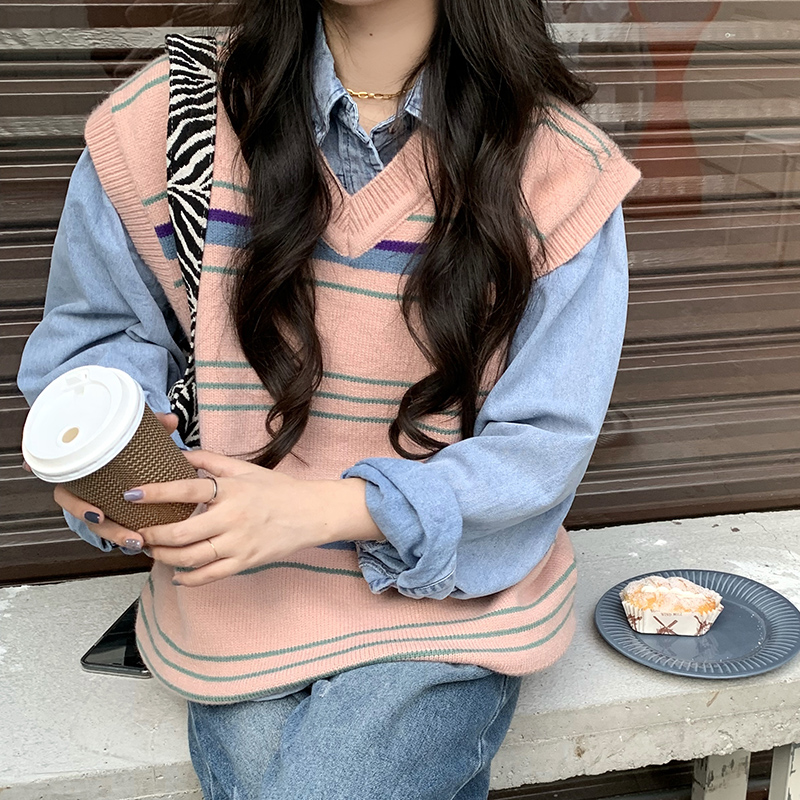 2021 Striped Vintage Sweater Vest Women Tops Knit V-Neck Sleeveless Casual Korean Fashion Pink Blue Pullovers alx