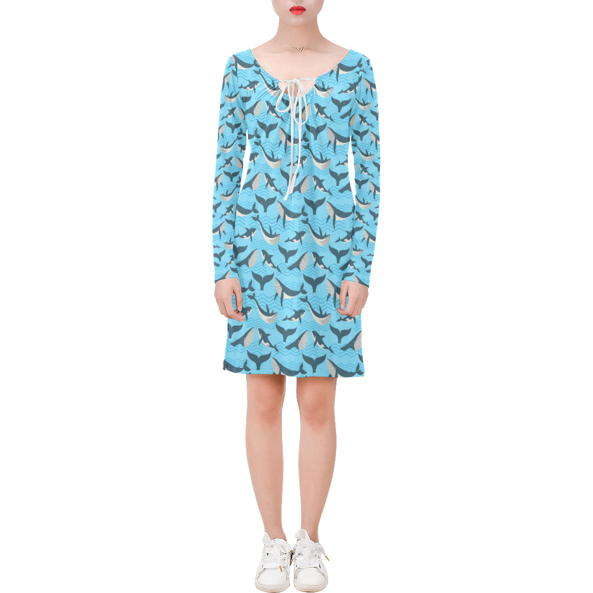 Whale Pattern Design Themed Print Long Sleeves Dress