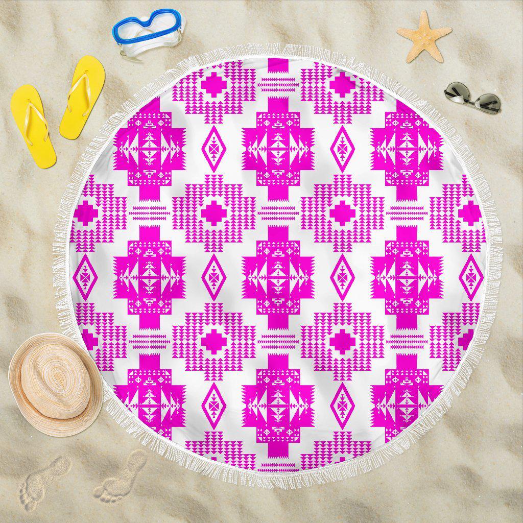 White With Pink Beach Blanket Round Beach