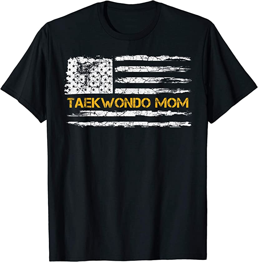 Vintage USA Flag Korea Taekwondo Training Mom Silhouette T-Shirt