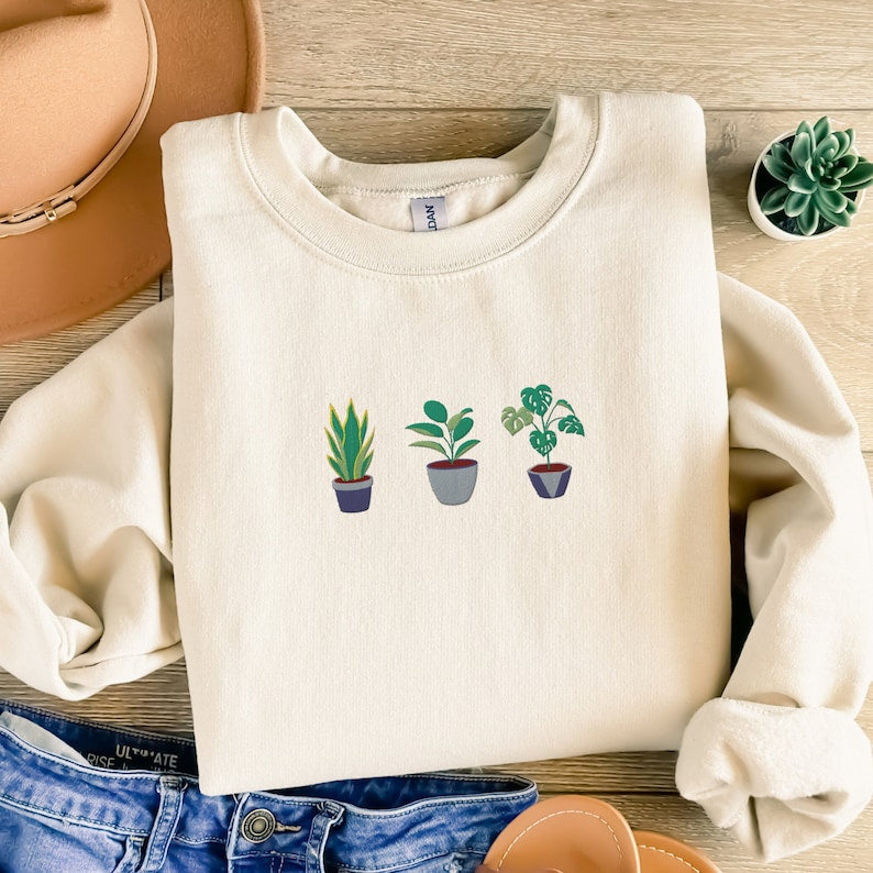 Potted Plants Embroidered Sweatshirt