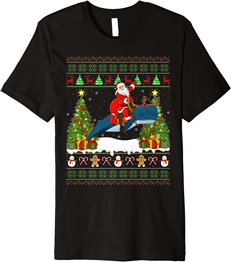 Sperm Whale Lover Ugly Santa Riding Sperm Whale Christmas Premium T-Shirt